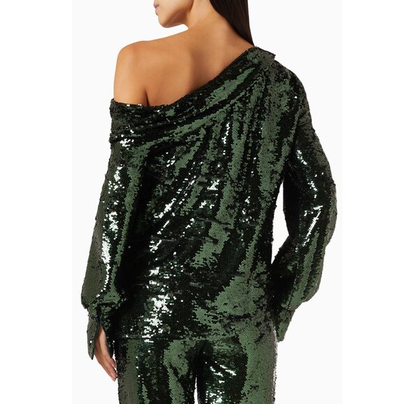 Jonathan Simkhai Alice Draped Back Sequined One-shoulder Top Emerald - Picture 2 of 5